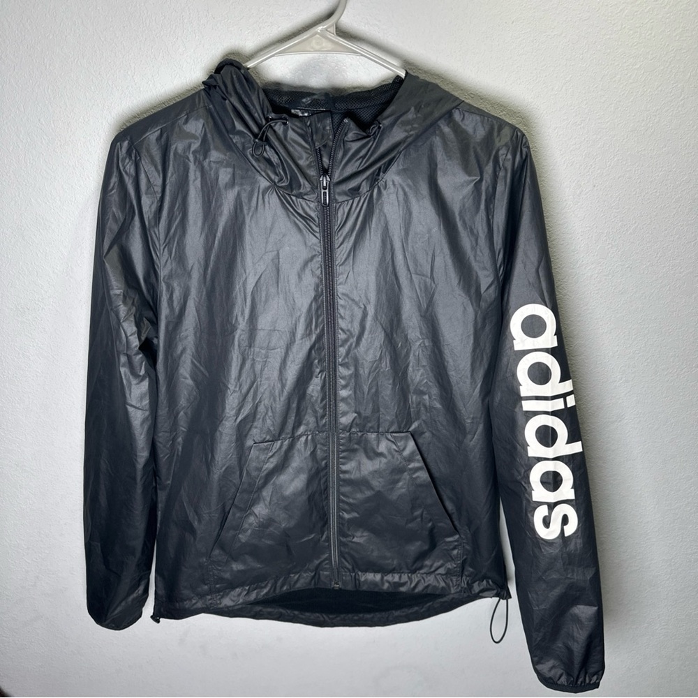 Adidas Women's Charcoal Windbreaker with Bold White Logo full zip hooded
